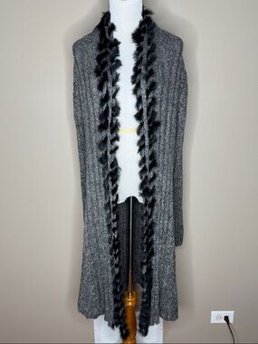 Alberto Makali womens gray knit rabbit fur trim duster sweater size L.